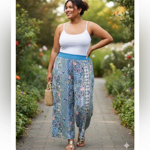 ONE WORLD Pants - New / ONE WORLD Blue and Pink Patterned Wide-Leg Pants Plus Size 3X